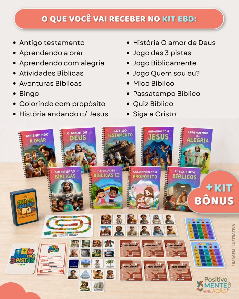 Conteúdo completo do Kit EBD: cadernos ilustrados, jogo Quem Sou Eu?, tabuleiro, cartas de personagens bíblicos, bingo e quiz bíblico impressos sobre mesa de madeira