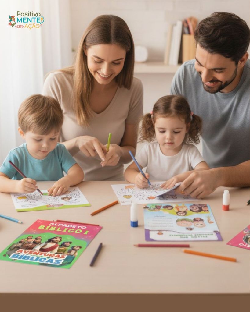 Família colorindo e utilizando o material impresso do Kit EBD Completo, com revistas Alfabeto Bíblico e Aventuras Bíblicas sobre a mesa