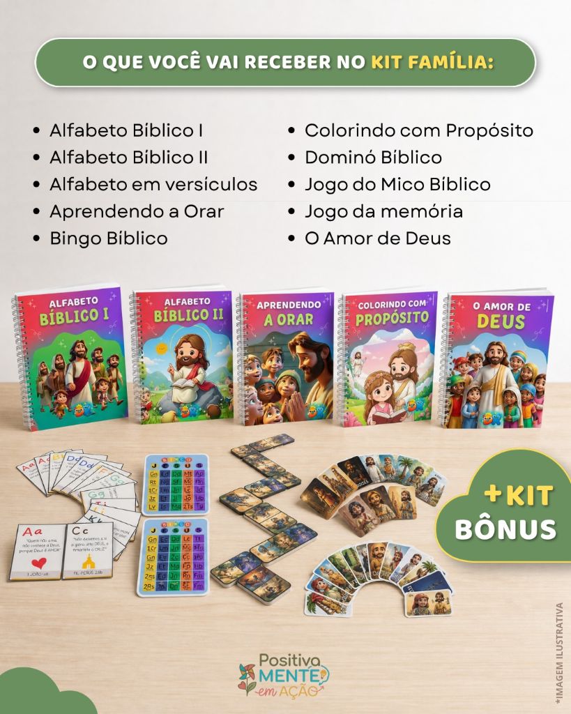 Conteúdo do Kit Família: cadernos ilustrados Alfabeto Bíblico, Aprendendo a Orar, Colorindo com Propósito e O Amor de Deus, além de cartas, dominó e jogo do Mico Bíblico impressos sobre mesa de madeira