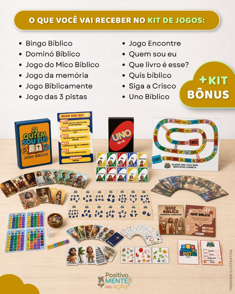 Conteúdo do Kit Jogos Bíblicos: caixa do jogo Quem Sou Eu?, cartas Uno da Fé, tabuleiro, cartas de personagens bíblicos, quiz bíblico e jogo das 3 pistas impressos sobre mesa de madeira